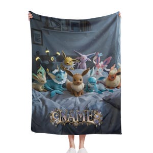 Eevee Evolutions Personalized Flannel Blanket, Pokemon Eeveelutions Custom Name Throw, Umbreon Sylveon Gift for Kids and Gamers
