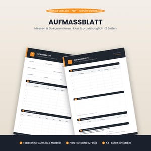 Könnte beinhalten: Eine digitale Aufmaßblatt-Vorlage auf zwei Seiten mit dem Titel AUFMASSBLATT. Das Dokument enthält strukturierte Tabellen zur Erfassung von Maßen, Materialdetails und Projektdokumentation sowie vorgesehene Bereiche für Skizzen und Fotos im A4-Format.