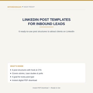 May include: A digital document titled LinkedIn Post Templates for Inbound Leads by Getaheadsales. It features 6 ready-to-use post structures, including hooks and CTAs for stories, case studies, and polls, available as an instant digital PDF download.