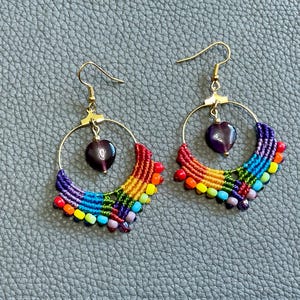 Rainbow Colored Micro Macrame Earrings Hoop Style