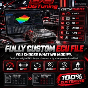 Può includere: Un portatile con software di tuning ECU e un modulo di controllo motore metallico. La grafica presenta testo e icone in rosso per le modifiche Stage 1, DPF, EGR, Lambda, Flaps e AdBlue, con il testo Fully Custom ECU File ben visibile.