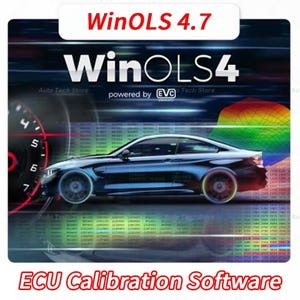 May include: A digital graphic for WinOLS 4.7 ECU calibration software featuring a black sports car silhouette, a speedometer gauge, a colorful 3D data map, and rows of hexadecimal code against a dark blue motion-blurred background.