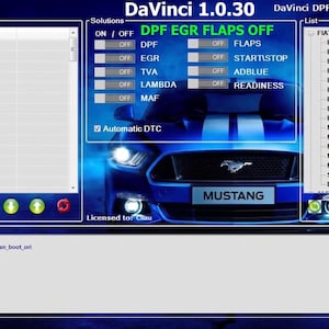 Op de afbeelding: Een software-interface genaamd DaVinci 1.0.30 die autodiagnostische gegevens weergeeft. Het scherm bevat een lijst met DTC-codes, een oplossingenpaneel voor DPF, EGR en kleppen, en een lijst met ondersteunde ECU-modellen.