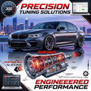 May include: A dark gray sedan parked before a city skyline, featuring a cross-section of a 6HP/8HP transmission with internal gears highlighted in orange. Text includes PRECISION TUNING SOLUTIONS, MHD Flash files for ZF & MHD, and ENGINEERED PERFORMANCE.