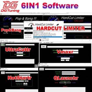 Könnte beinhalten: Eine 6-in-1-Software-Suite von DGTuning mit mehreren Schnittstellen für das Fahrzeugtuning. Die Anzeige zeigt Fenster für Pop & Bang, HardCut Limiter, UltraCuttr, Vmaxr, HotStartr und QLaunchr mit spezifischen ECU- und RPM-Einstellungen.