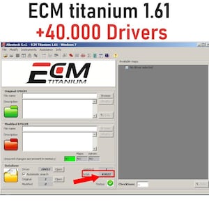 以下が含まれることがあります： 合計43,021個のドライバーを含むデータベースを表示するECM Titanium 1.61ソフトウェアインターフェース。ウィンドウには、オリジナルおよび変更されたEPROMファイル用のフィールド、メニューバー、および合計ドライバー数を示す赤い矢印が含まれています。