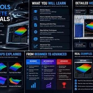 Könnte beinhalten: Eine digitale Infografik für die WinOLS ECU-Tuning-Software. Sie enthält Abschnitte zu Video-Tutorials, Kartenidentifikation und praktischen Beispielen mit 3D-Datenvisualisierungen, technischem Text und einem Laptop mit Software-Oberfläche.