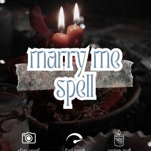 May include: Two lit orange candles with a dark background. The text "marry me spell" is centered in white with blue outlines. Below are three icons with the text "photo proof", "fast result", and "custom spell" in a white font.