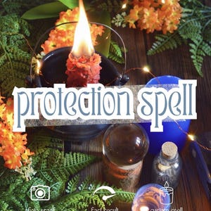 Puede incluir: Una vela roja ardiendo en un caldero negro, una esfera de cristal, una pequeña botella de vidrio con corcho y una vela azul. El texto "protection spell" aparece superpuesto en blanco. Se ven iconos de "photo proof", "fast result" y "custom spell".
