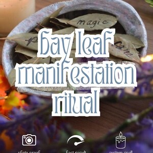 May include: A light-colored, textured bowl filled with dried bay leaves, each inscribed with handwritten words like magic and care. The image features the text bay leaf manifestation ritual, photo proof, fast result, and custom spell.