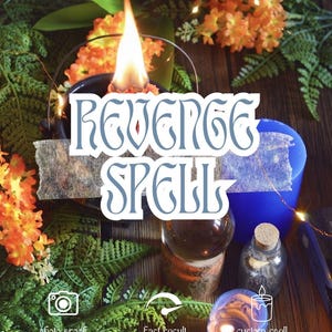 May include: A black cauldron with a burning flame, a blue pillar candle, a small glass bottle with a cork stopper, and a round glass container filled with orange powder. The text REVENGE SPELL is overlaid, with icons for photo proof, fast result, and custom spell.