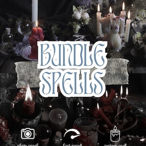 Könnte beinhalten: Eine Collage aus vier dunklen, atmosphärischen Szenen mit brennenden Kerzen, Kristallkugeln und kleinen Glasflaschen. Der Text BUNDLE SPELLS ist in einer stilisierten Schrift zentriert. Symbole unten zeigen eine Kamera und eine Kerze.