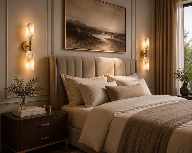 May include: Two wall-mounted light fixtures featuring dual vertical fluted glass shades with a gold-toned metal base. Each fixture emits a warm glow, illuminating the wall on either side of a beige upholstered headboard in a bedroom setting.