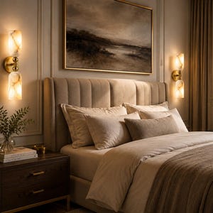 May include: Two wall-mounted light fixtures featuring dual cylindrical, vertically ribbed, translucent white glass shades with gold-toned metal hardware. Each fixture emits a warm, soft glow, illuminating the wall on either side of a bed.
