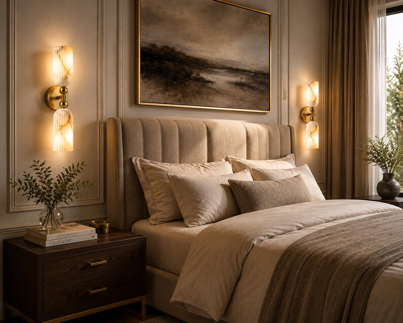 May include: Two wall-mounted light fixtures featuring dual cylindrical, vertically ribbed, translucent white glass shades with gold-toned metal hardware. Each fixture emits a warm, soft glow, illuminating the wall on either side of a bed.