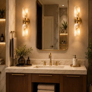May include: A bathroom vanity featuring a white marble countertop, a brass faucet, and a dark wood cabinet with vertical slats. Above the vanity is a rectangular mirror with a brass frame, flanked by two wall sconces with white glass shades.