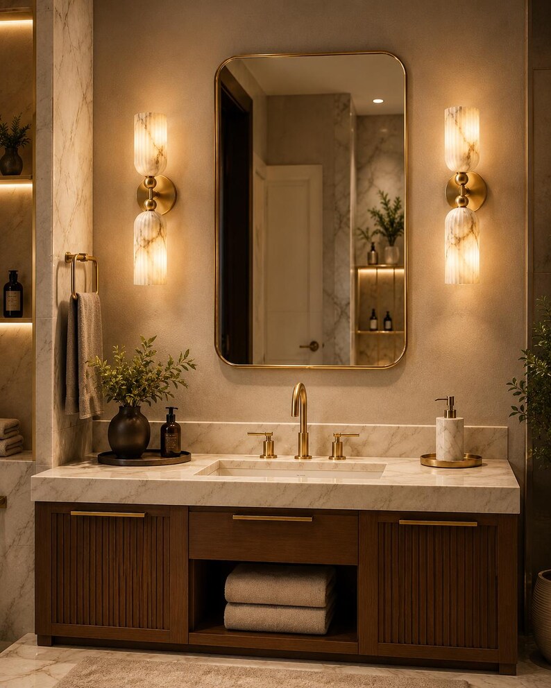 May include: A bathroom vanity featuring a white marble countertop, a brass faucet, and a dark wood cabinet with vertical slats. Above the vanity is a rectangular mirror with a brass frame, flanked by two wall sconces with white glass shades.