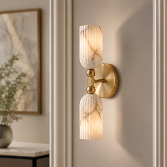 Brass Double Wall Sconce, Fluted Glass Up Down Light, Mid Century Modern Vanity Lamp, Ribbed Glass Bathroom Bedroom Wall Fixture