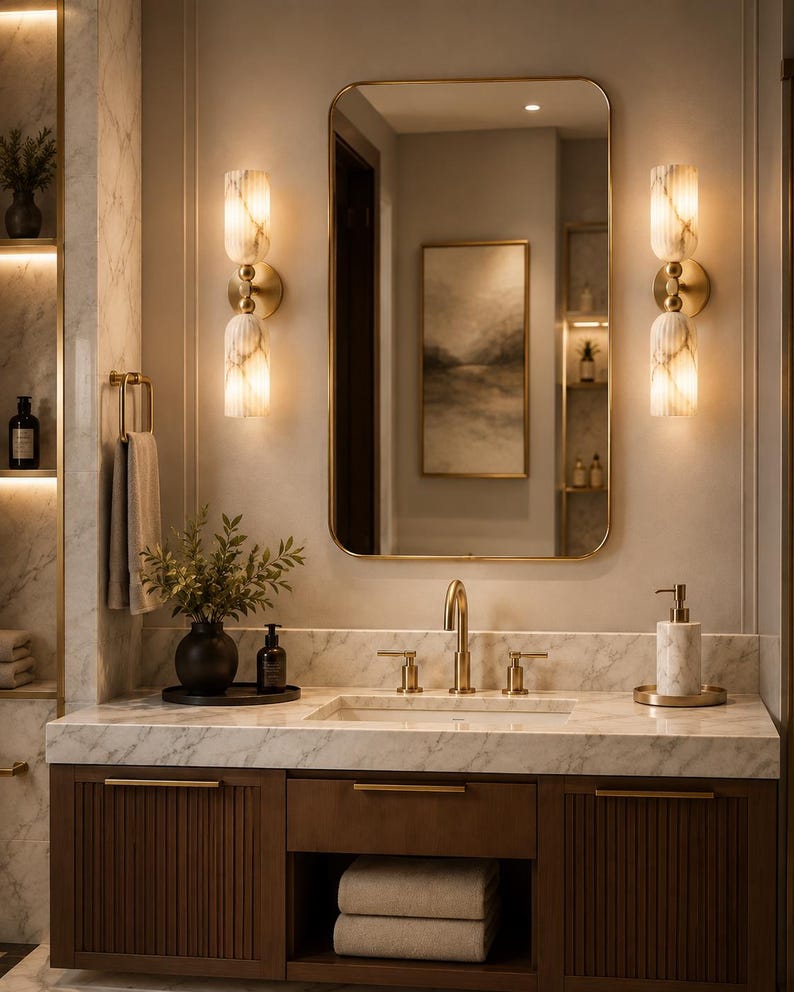 May include: A bathroom vanity featuring a white marble countertop with a gold faucet and handles, a rectangular mirror with a gold frame, and two vertical wall sconces with ribbed glass shades. The dark wood cabinet has fluted doors.