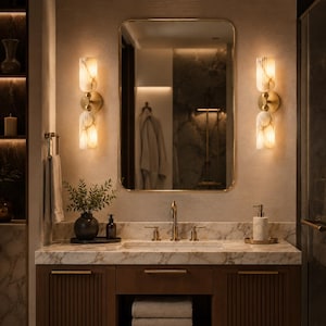 May include: A bathroom vanity featuring a marble countertop, a rectangular mirror with a gold frame, and two wall-mounted light fixtures with dual fluted glass shades. The dark wood cabinet includes gold hardware and a central open shelf with towels.
