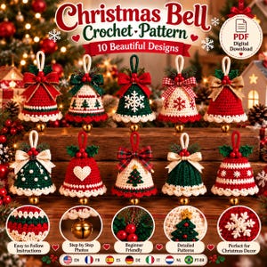 Könnte beinhalten: Eine digitale PDF-Häkelanleitung für 10 Weihnachtsglocken-Ornamente. Das Bild zeigt zehn verschiedene gehäkelte Glocken in Rot, Grün und Weiß mit Motiven wie Schneeflocken, Herzen und Tannenbäumen, jeweils verziert mit einer Schleife und einer kleinen Goldglocke.