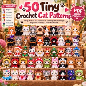 Peut inclure: Un téléchargement numérique présentant 50 petits modèles de chats au crochet. L'image montre une collection de 50 petits chats crochetés dans divers costumes et couleurs, disposés sur des marches en bois. Le texte indique 50 Tiny Crochet Cat Patterns.