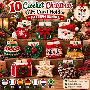 May include: A collection of ten crocheted Christmas gift card holders in various shapes including a stocking, present, Santa face, ornament, holly, mitten, bell, mailbox, star, and pinecone, each featuring a slot for a gift card.
