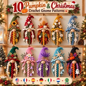 Peut inclure: Une collection de 10 modèles de gnomes au crochet avec des thèmes saisonniers comme des citrouilles, des éléments de Noël, des fleurs et des abeilles. Chaque gnome a un chapeau unique, un nez rond et une longue barbe en laine tressée.