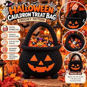 May include: A black crochet cauldron treat bag featuring an orange jack-o'-lantern face. The pattern includes digital download instructions, step-by-step photos, and finished dimensions of approximately 8.66-9.84 inches wide by 7.09-7.87 inches high.