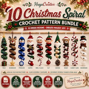May include: A digital crochet pattern bundle titled 10 Christmas Spiral featuring ten hanging ornaments including a tree, reindeer, penguin, Santa, Mrs. Claus, elf, gnome, bear, candy cane, and snowman, with icons for PDF download and instructions.