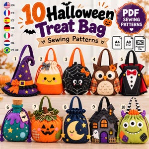 Op de afbeelding: Tien Halloween-traktatietassen van vilt met ontwerpen van een heksenhoed, snoep, spin, uil, vampier, toverdrank, pompoen, maan, spookhuis en monster, met de tekst 10 Halloween Treat Bag Sewing Patterns.