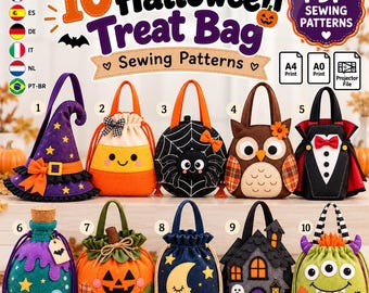 Puede incluir: Diez bolsas de fieltro para dulces de Halloween con diseños de sombrero de bruja, caramelo, araña, búho, vampiro, poción, calabaza, luna, casa encantada y monstruo, con el texto 10 Halloween Treat Bag Sewing Patterns.