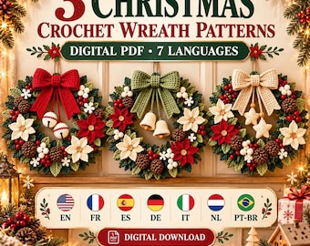 以下が含まれることがあります： 3つのクリスマスかぎ針編みリースのデジタルPDFパターンセット。赤、緑、クリーム色の毛糸で作られたリボン、ベル、星、ポインセチアの装飾が特徴です。テキストには「3 CHRISTMAS CROCHET WREATH PATTERNS DIGITAL PDF 7 LANGUAGES」と書かれています。