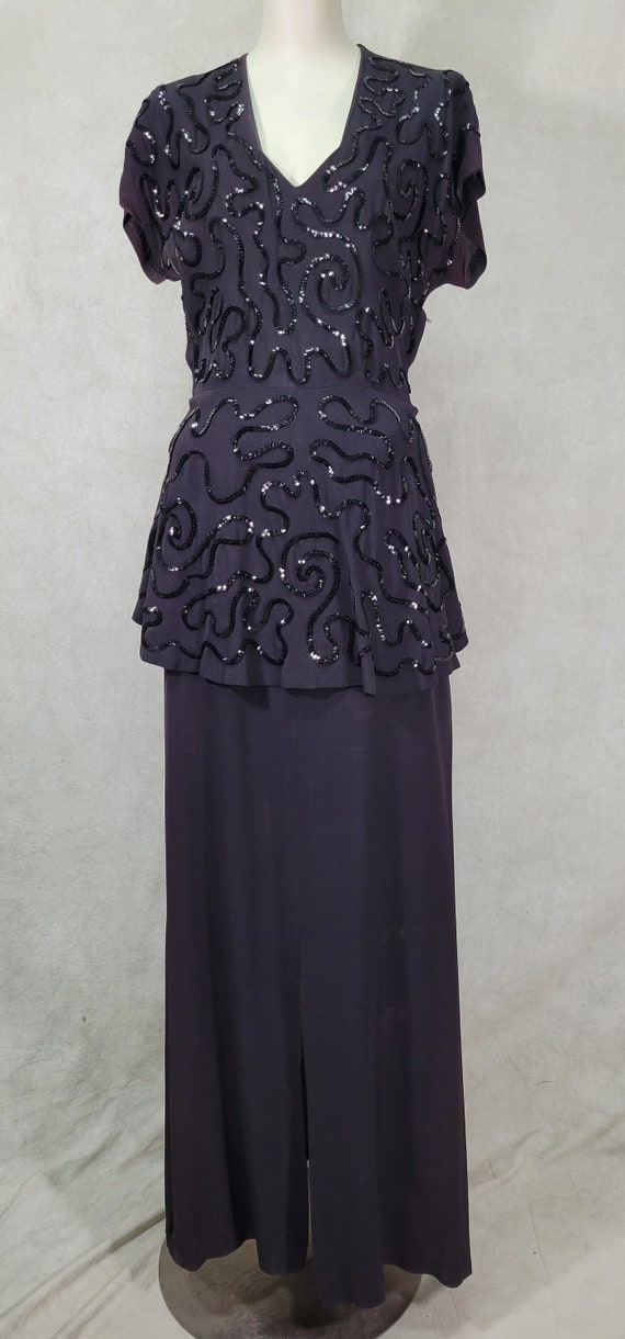 Peplum 1940s Sequined Dress Formal Deep Front Adj… - image 1