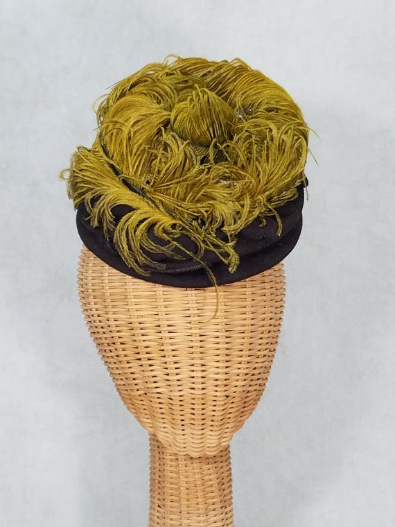 1940s Hat Feather Top Tiny Tilt Hat with Elastic B