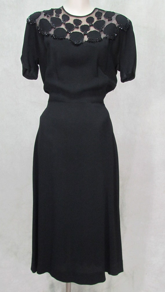 Sheer Neckline 1940s Dress Dangle Beads Black Cre… - image 1