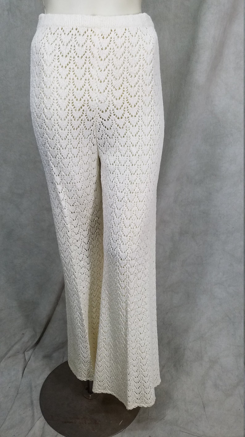 1960s Open Knit Bell Bottom White 2 Piece Pants Top or Dress Hippie