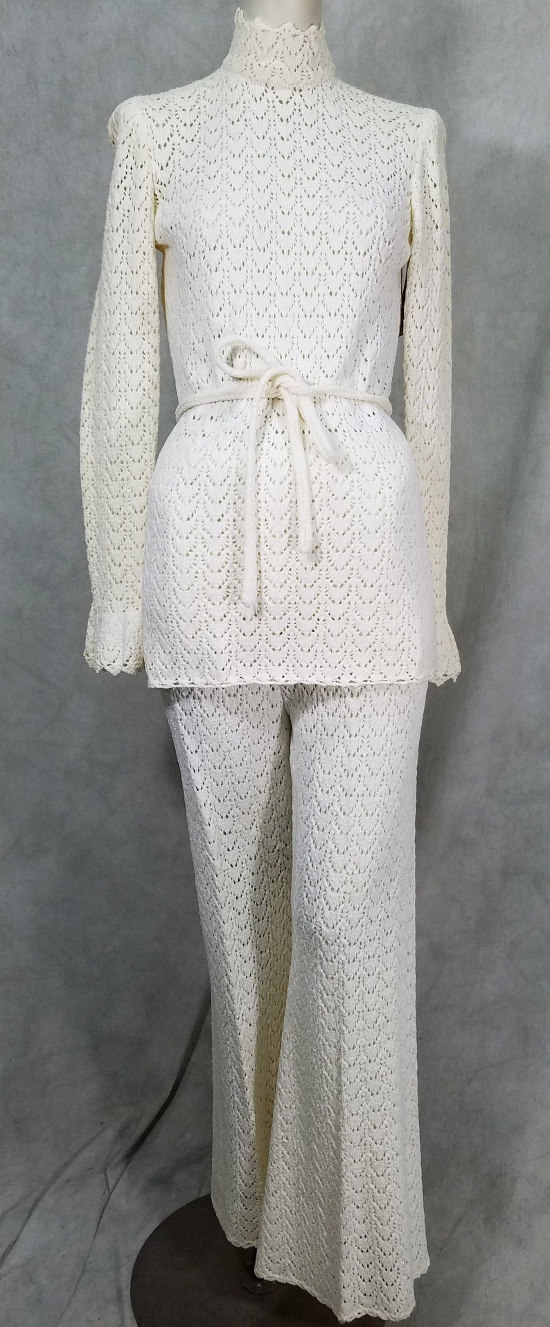 1960s Open Knit Bell Bottom White 2 Piece Pants Top or Dress Hippie