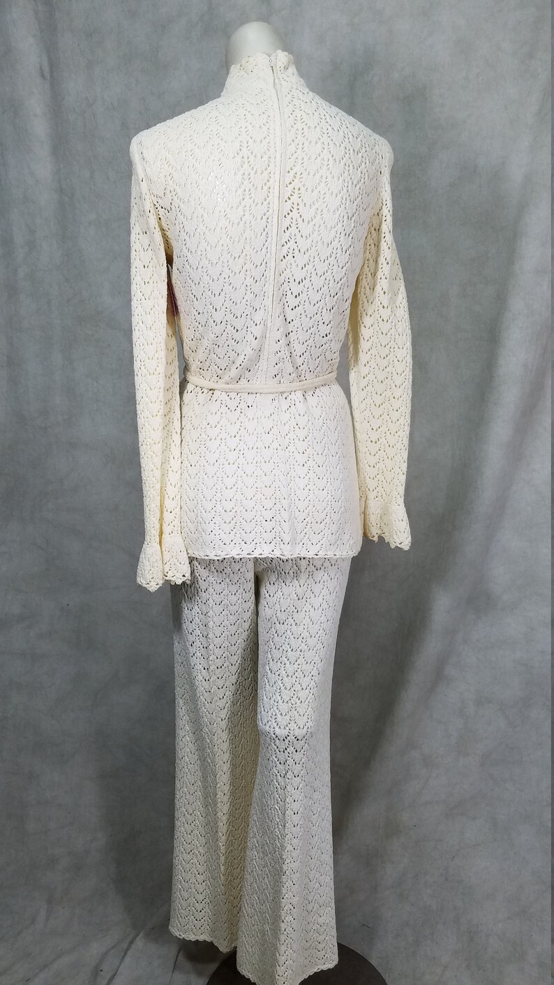 1960s Open Knit Bell Bottom White 2 Piece Pants Top or Dress Hippie