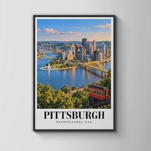 May include: A framed wall art print featuring a scenic view of the Pittsburgh skyline, including the river, bridges, and a red funicular car in the foreground. The text PITTSBURGH PENNSYLVANIA, USA is printed in black at the bottom of the poster.