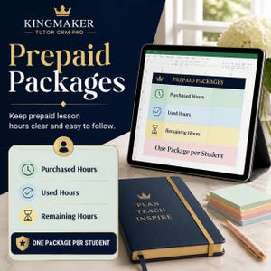 May include: A digital tablet displays a spreadsheet titled Prepaid Packages with rows for Purchased Hours, Used Hours, and Remaining Hours. A matching physical card and a navy blue notebook with gold text sit nearby on a desk.