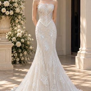 Strapless Lace Mermaid Wedding Dress, Sheer Corset Bridal Gown, Chapel Train Tulle Wedding Gown, Custom Ivory Bride Dress