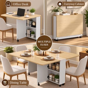 Pode incluir: Uma mesa dobr&aacute;vel convers&iacute;vel com tampo em madeira clara e estrutura branca, apresentando prateleiras laterais integradas com trilhos de metal preto e rod&iacute;zios. A unidade &eacute; exibida em tr&ecirc;s configura&ccedil;&otilde;es: como escrivaninha, aparador de entrada dobrado e mesa de jantar estendida com lou&ccedil;as.