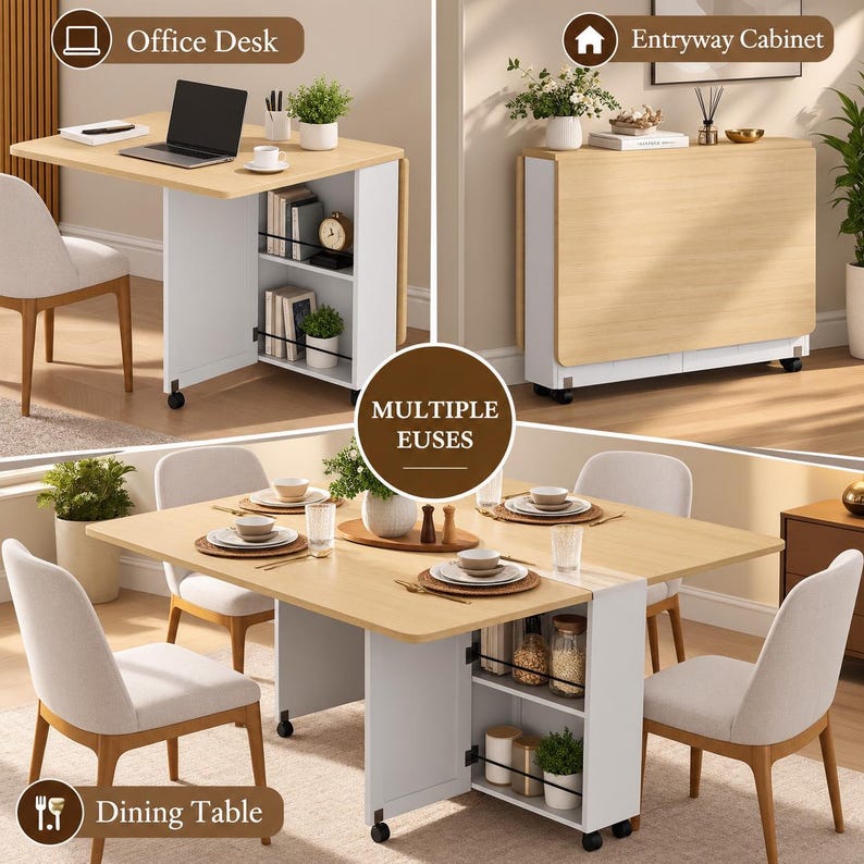 Pode incluir: Uma mesa dobr&aacute;vel convers&iacute;vel com tampo em madeira clara e estrutura branca, apresentando prateleiras laterais integradas com trilhos de metal preto e rod&iacute;zios. A unidade &eacute; exibida em tr&ecirc;s configura&ccedil;&otilde;es: como escrivaninha, aparador de entrada dobrado e mesa de jantar estendida com lou&ccedil;as.