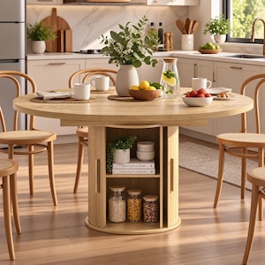 May include: A round light wood dining table with a central storage base featuring two open shelves. The top shelf holds two white bowls and two books titled The Kinfolk Home. The bottom shelf contains three glass jars filled with dry food items.