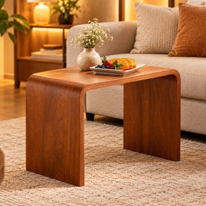 May include: A C-shaped side table crafted from warm-toned wood with a smooth, continuous curved design. The table features a flat rectangular top surface and two vertical side panels, providing a stable base for a small vase and a fruit plate.