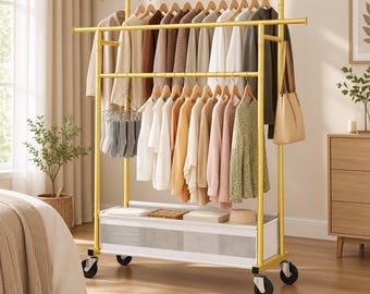 Double Rod Clothing Rack with Storage Basket, Rolling Garment Rack, Portable Clothes Organizer, Bedroom Closet Rack, Laundry Room Storage