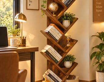 9 Tier Tree Bookshelf, Tall Wooden Floor Standing Bookcase, Rustic Walnut Book Shelf, Living Room Display Storage, Home Office Organizer