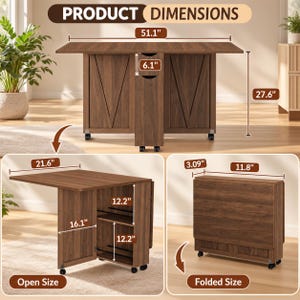 Pode incluir: Uma mesa dobr&aacute;vel de madeira castanha com rodas, apresentando uma unidade de armazenamento central com prateleiras. As dimens&otilde;es mostradas incluem uma largura de 129,8 cm, altura de 70,1 cm, profundidade de 54,9 cm e tamanho dobrado de 30 cm por 7,8 cm.