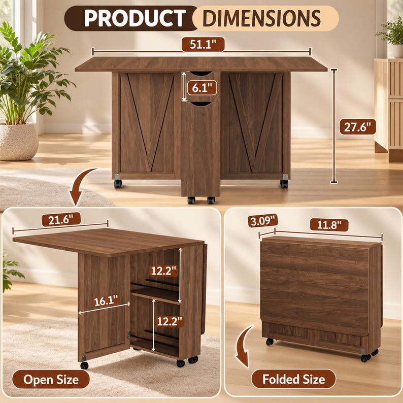 Pode incluir: Uma mesa dobr&aacute;vel de madeira castanha com rodas, apresentando uma unidade de armazenamento central com prateleiras. As dimens&otilde;es mostradas incluem uma largura de 129,8 cm, altura de 70,1 cm, profundidade de 54,9 cm e tamanho dobrado de 30 cm por 7,8 cm.